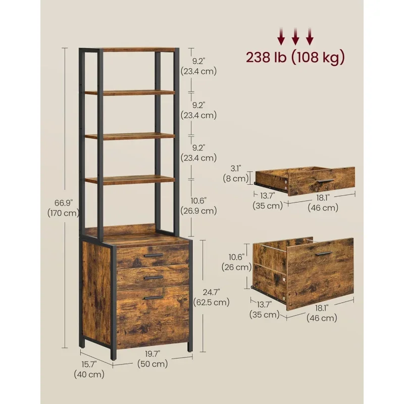 File Cabinet, Home Office Filing Cabinet with Height-Adjustable Open Shelves, 3 Drawers, A4, Letter-Size Hanging File Folder