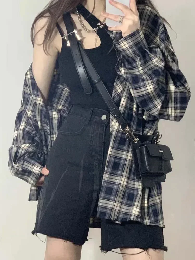 

Винтажные женские рубашки в клетку в стиле Харадзюку с длинным рукавом, однобортные топы, корейская мода, стиль преппи, свободные блузки оверсайз