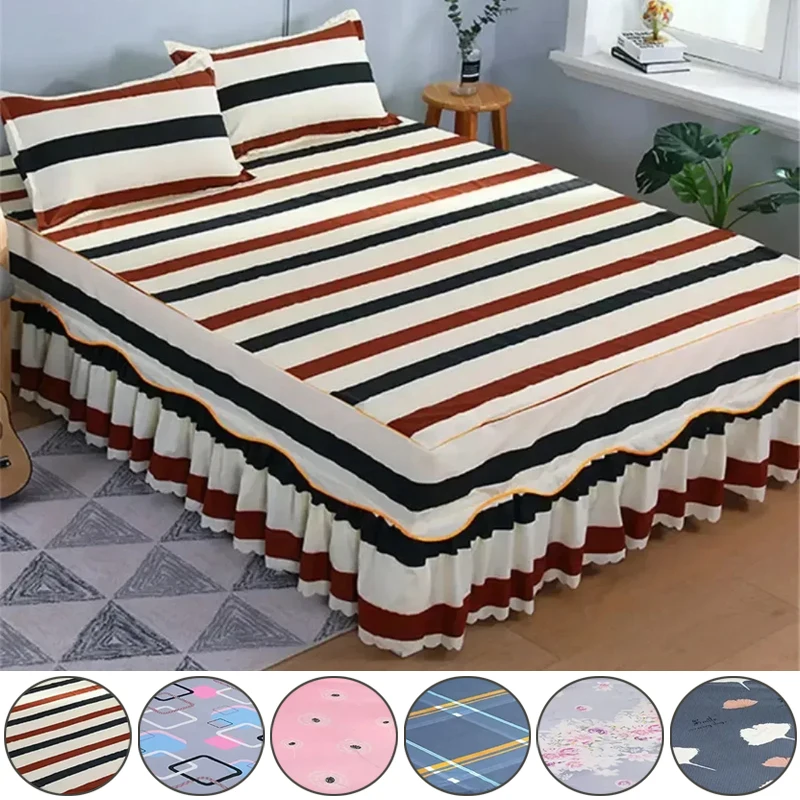 3Pcs Home Printed Bed Skirt Cool Bedroom Bed Skirt Three Sets Two Pillowcases A Bed Skirt All-inclusive Bedside Protector Cover