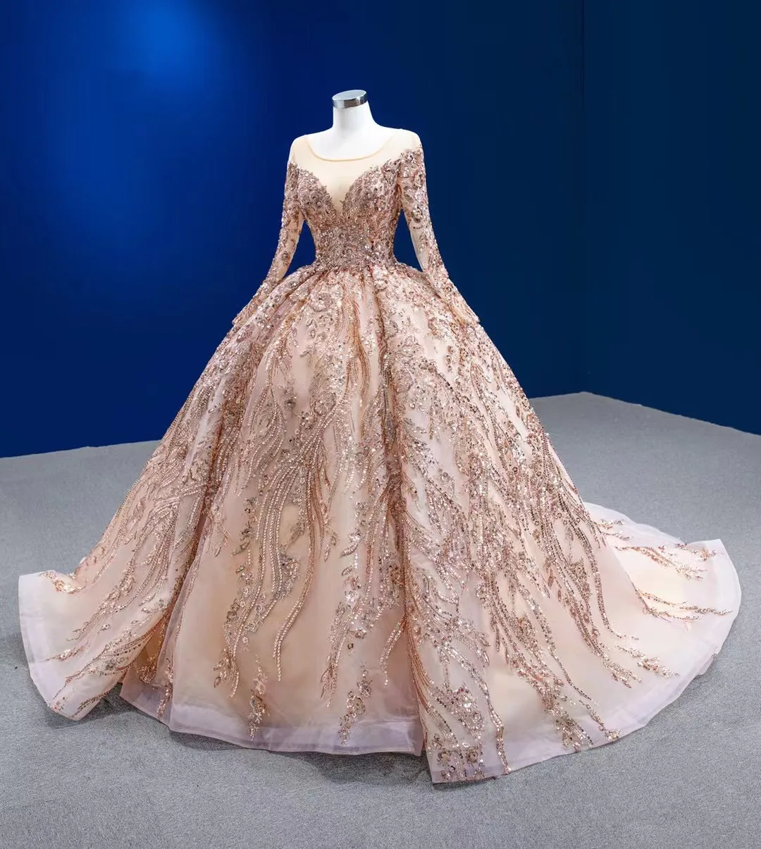 Champagne quinceanera vestidos de baile mangas compridas lantejoulas frisado faísca mexicano doce 16 vestidos 15 anos