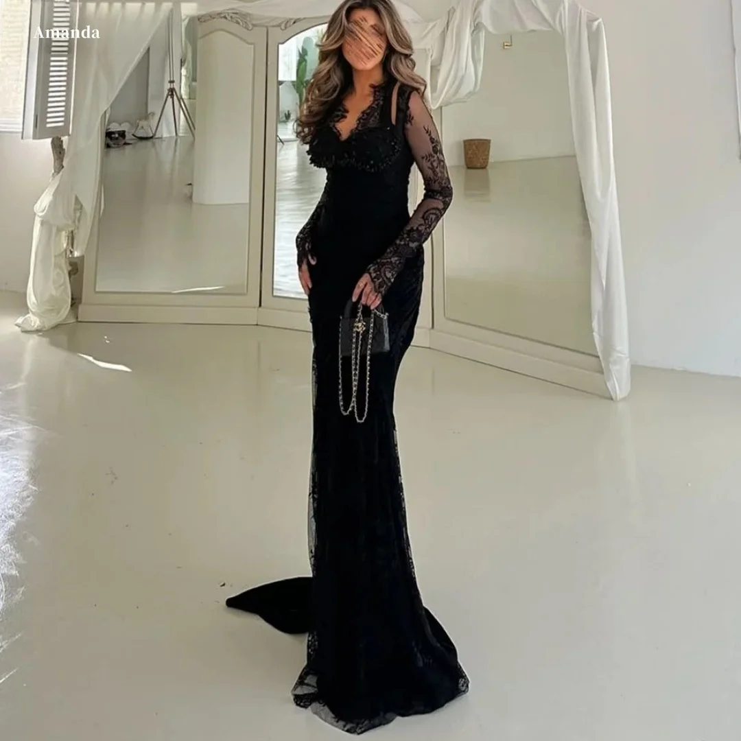 

Amanda Customized Black Lace V Neck Long Sleeve Mermaid Formal Evening Prom Dress vestidos de noche 2026 New Arrival Party Gown