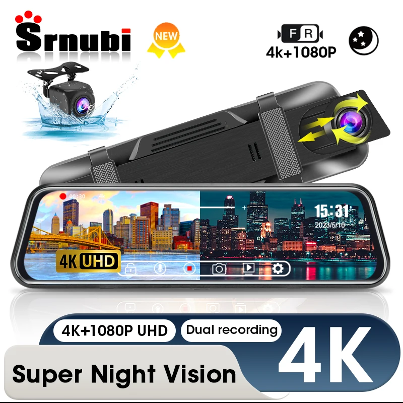 Srnubi 10 inch Car DVR 4K+1080P Stream Media Super Night Vision Touch Screen Car Camera dash cam 24H Parking Mode recorder