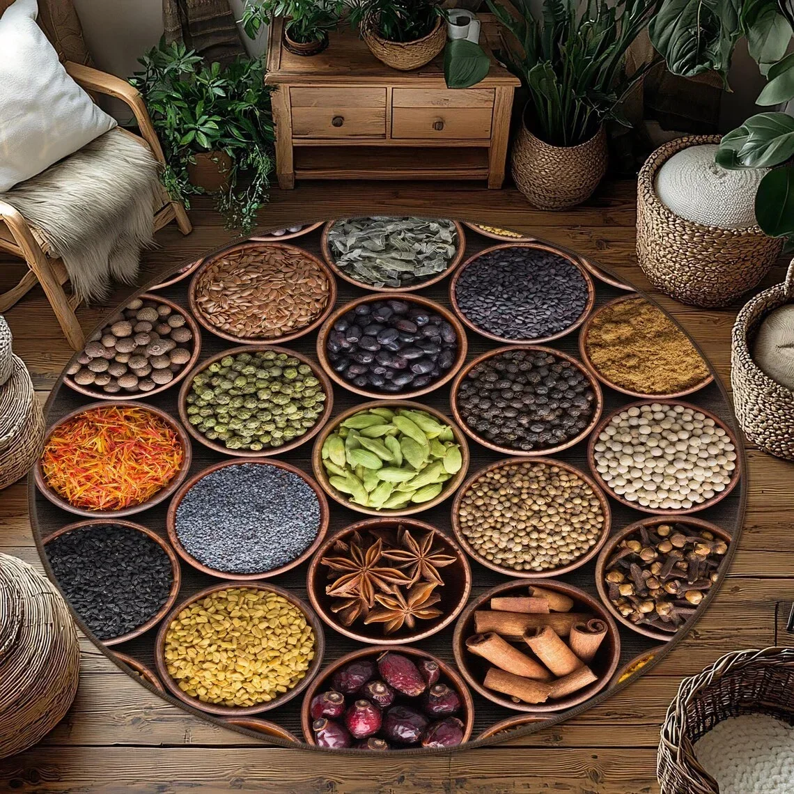 ~O~Modern Washable Kitchen Round Rug – Non-Slip & Stylish Floor Mat for Home Decor, Perfect for Dining Area or Food Lover’s Spac