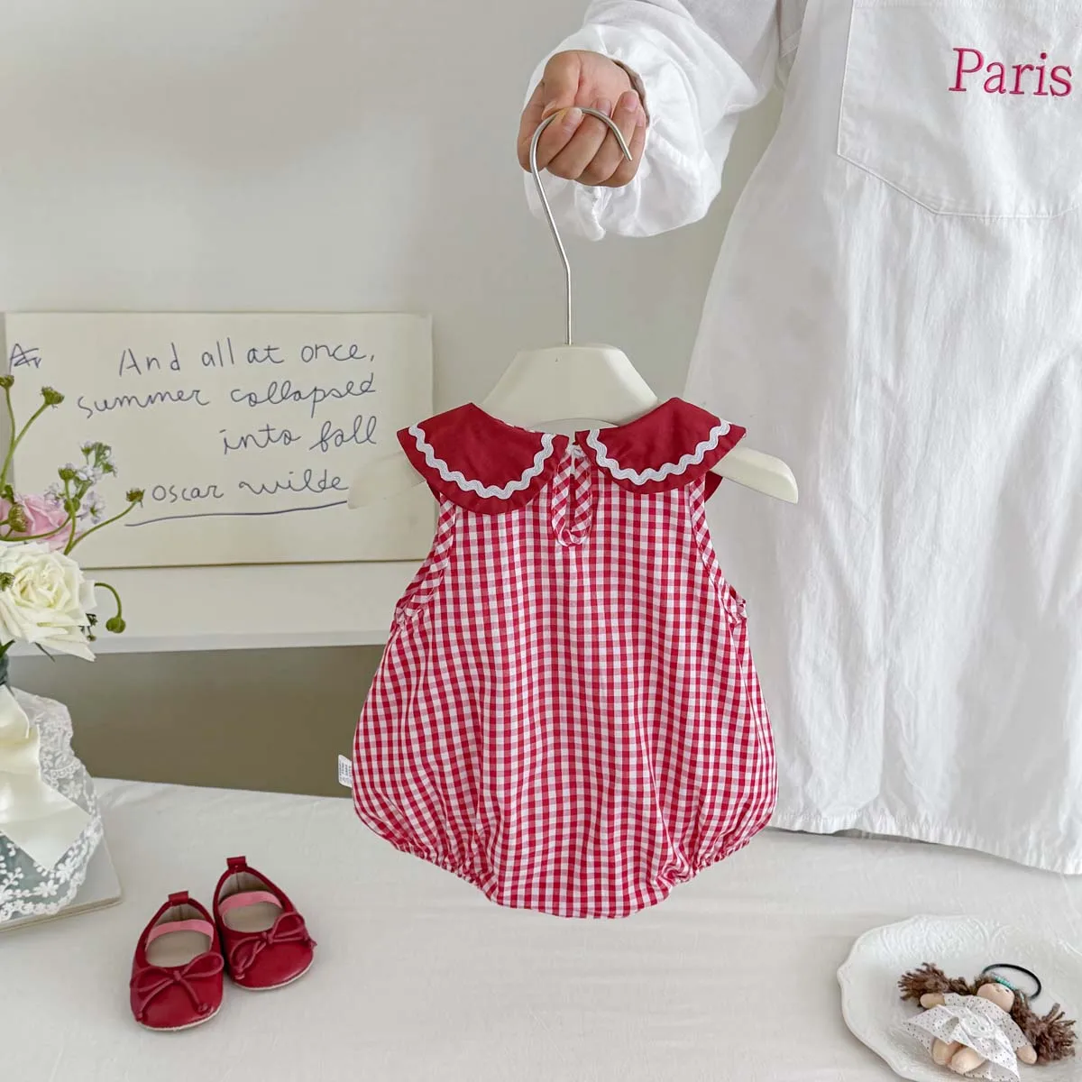 Baby Girl Sleeveless Floral Triangle Romper, Red Plaid Apple Patch Embroidered Doll Collar Summer Baby Romper 2