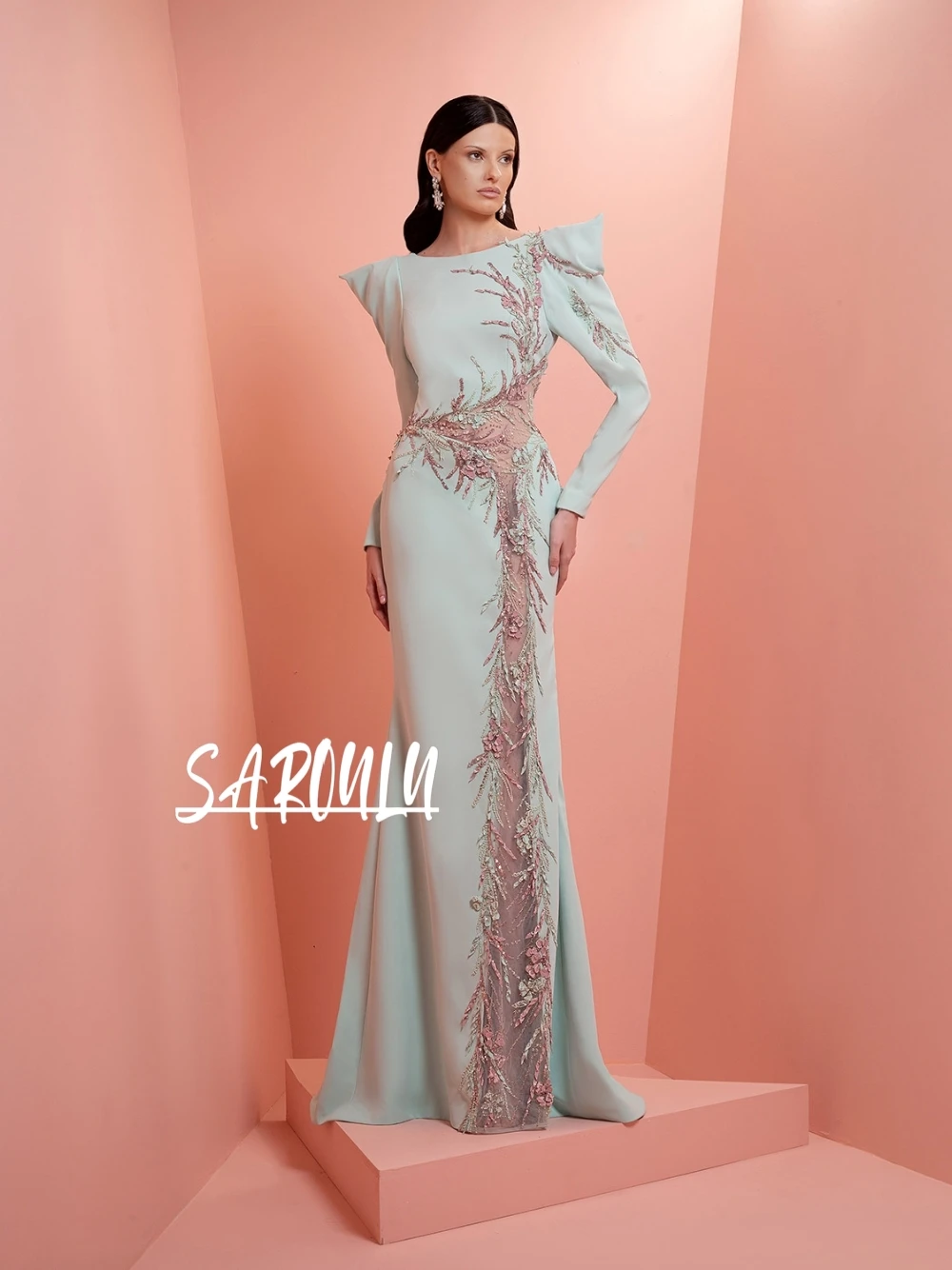 

Mint Green Women's Long Sleeve Evening Dress With Structured Shoulders Floral Embroidery Sheer Intricate Mermaid Chic Prom Gown
