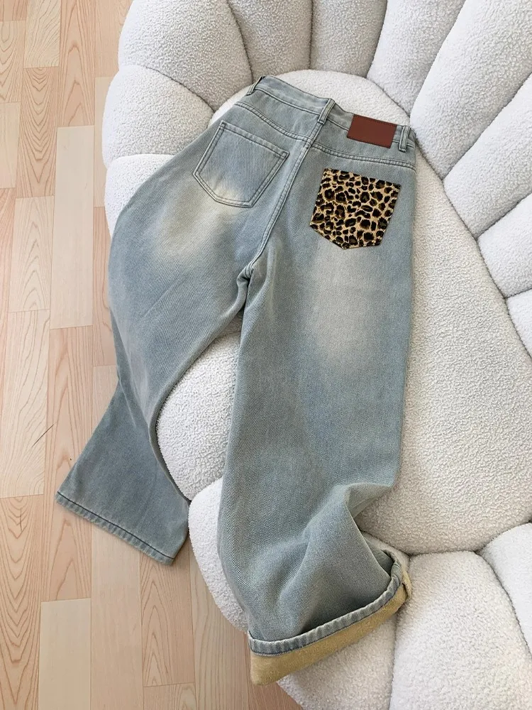 Fashion Leopard Print Pocket Design Thicken Jeans 2025 Autumn Winter Women's High Waist Straight Pants Trend Lady Denim Trousers