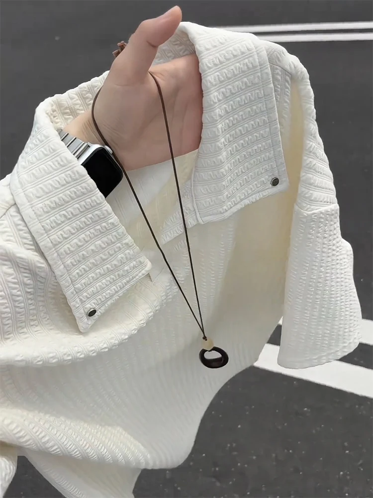 

Beige Texture Short Sleeve Shirt Men's Summer Turn Collar Shoulder T-Shirt American Casual Heavyweight Half Sleeve T-Shirt