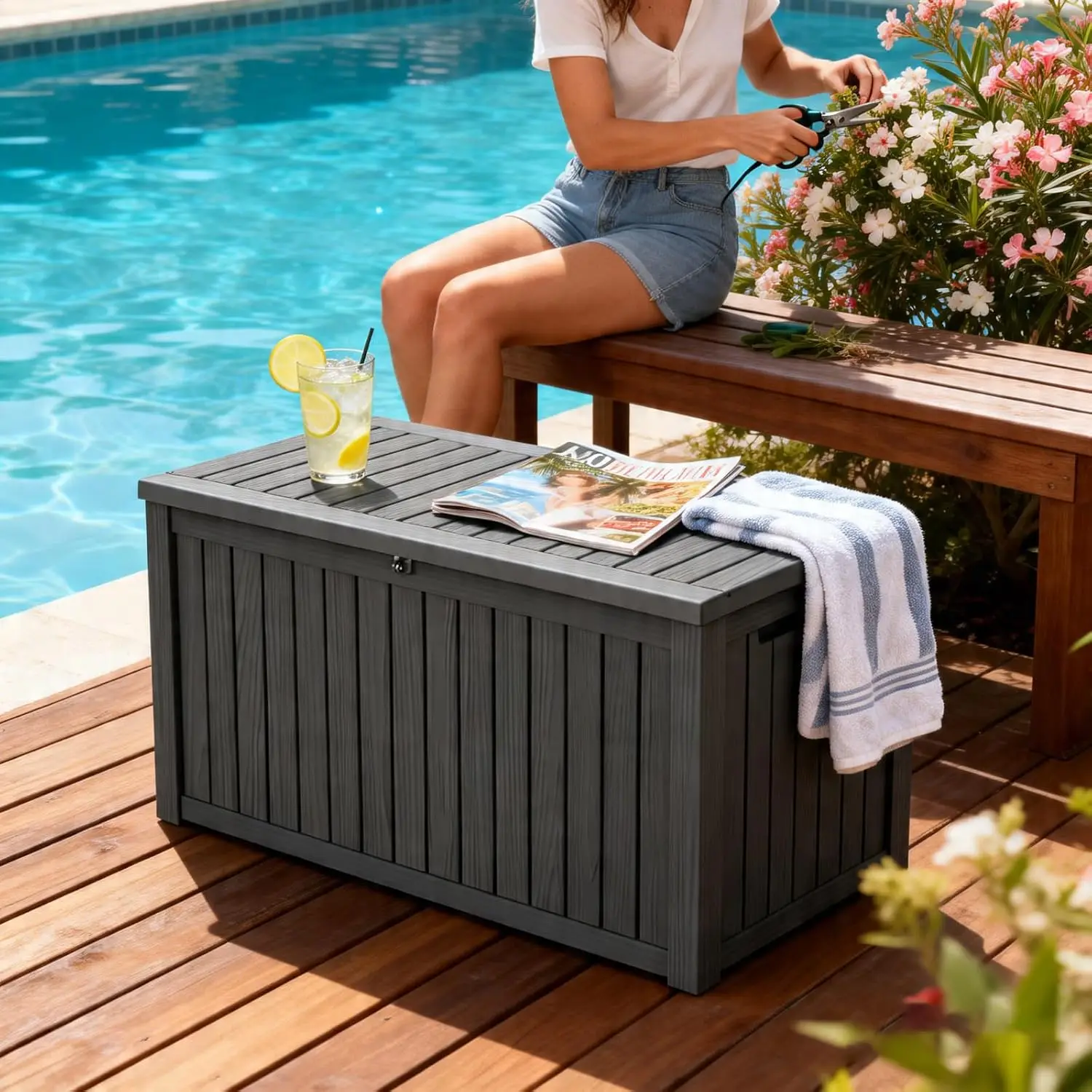 200 Gallon Outdoor Storage Box, Lockable Waterproof Deck Box with Hydraulic Lid for Patio Cushions & Garden Tools view 6