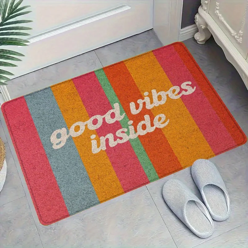 Vintage Retro Stripe Good Vibes Letter Doormat Entry Trendy Rug Anti Slip Floor Mat For Boho Casual Home Front Entrance
