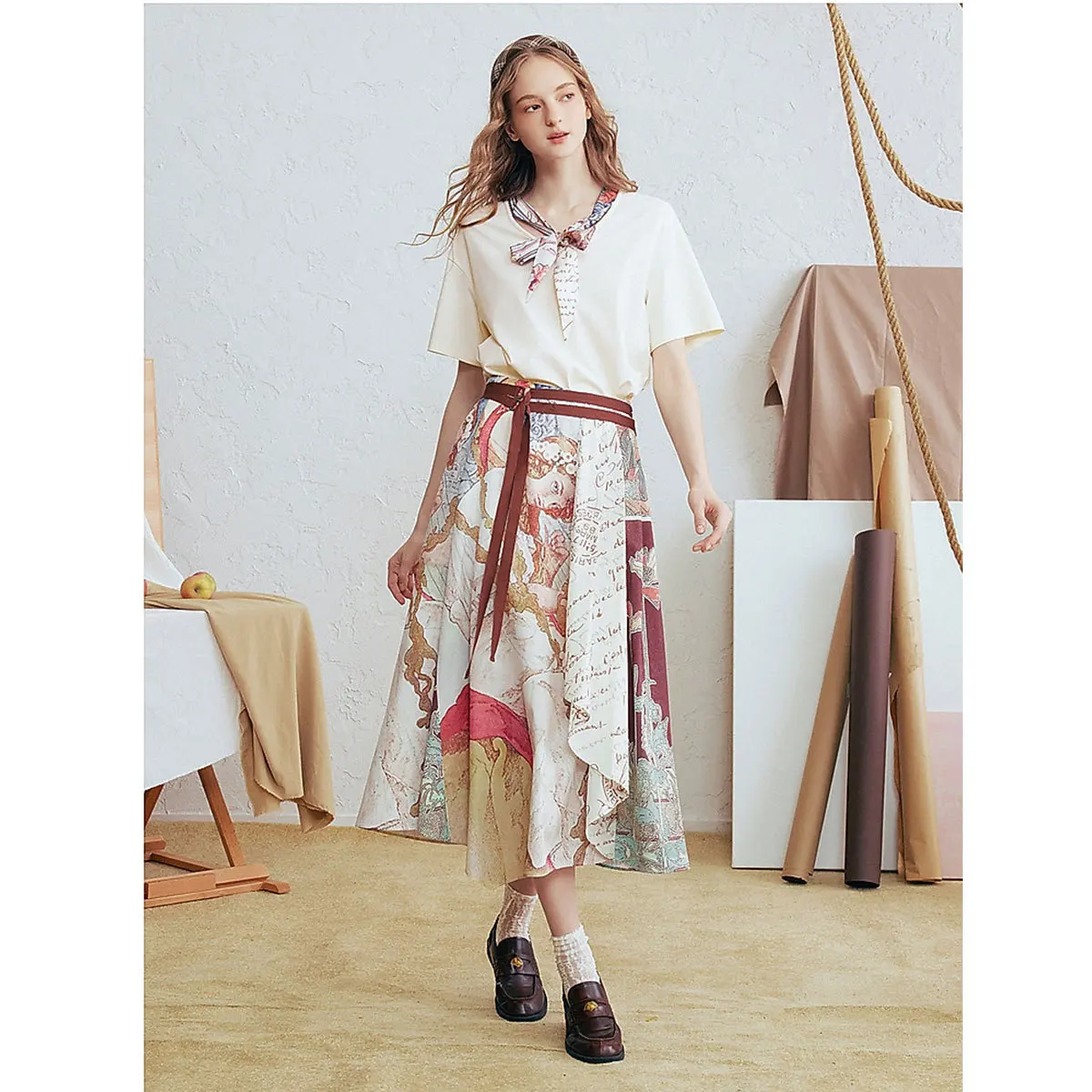 

Girly Tarot Print Tie Top & Asymmetrical Midi Skirt Set for Women