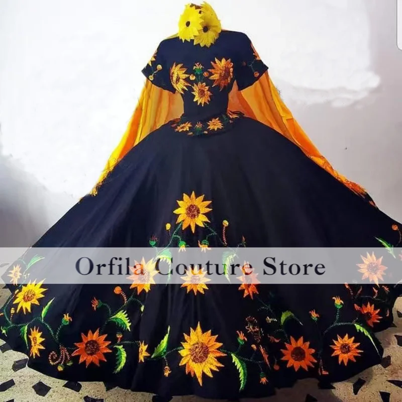 Charro sunflowers xv quinceanera vestidos fora do ombro preto bordado rendas vestido de baile vestidos de baile 15 anos