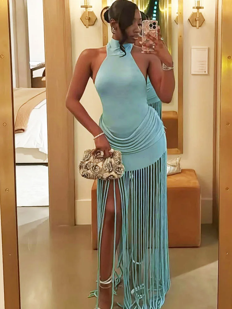 

Элегантное мини-платье BKQU с пэчворком и бахромой, сексуальное, с открытой спиной, на бретельках, с драпировкой, облегающее, для вечеринок, весна 2026, нарядное платье для ужина