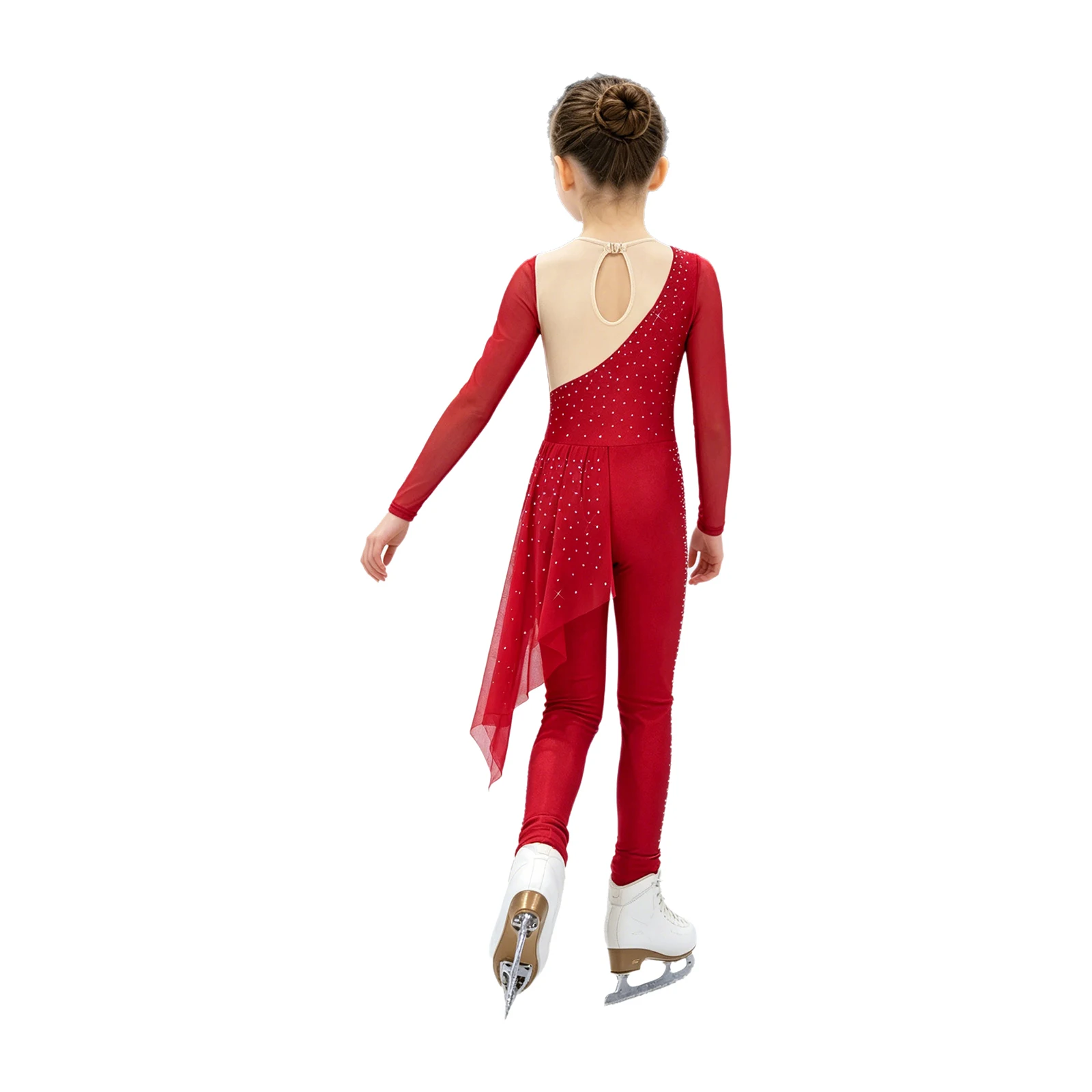 Mädchen-Kostüm für Eiskunstlauf mit Strasssteinen, glitzerndes Strass-Design, langärmeliger Overall, Tanzkleidung für lyrisches Ballett. – Detail 15
