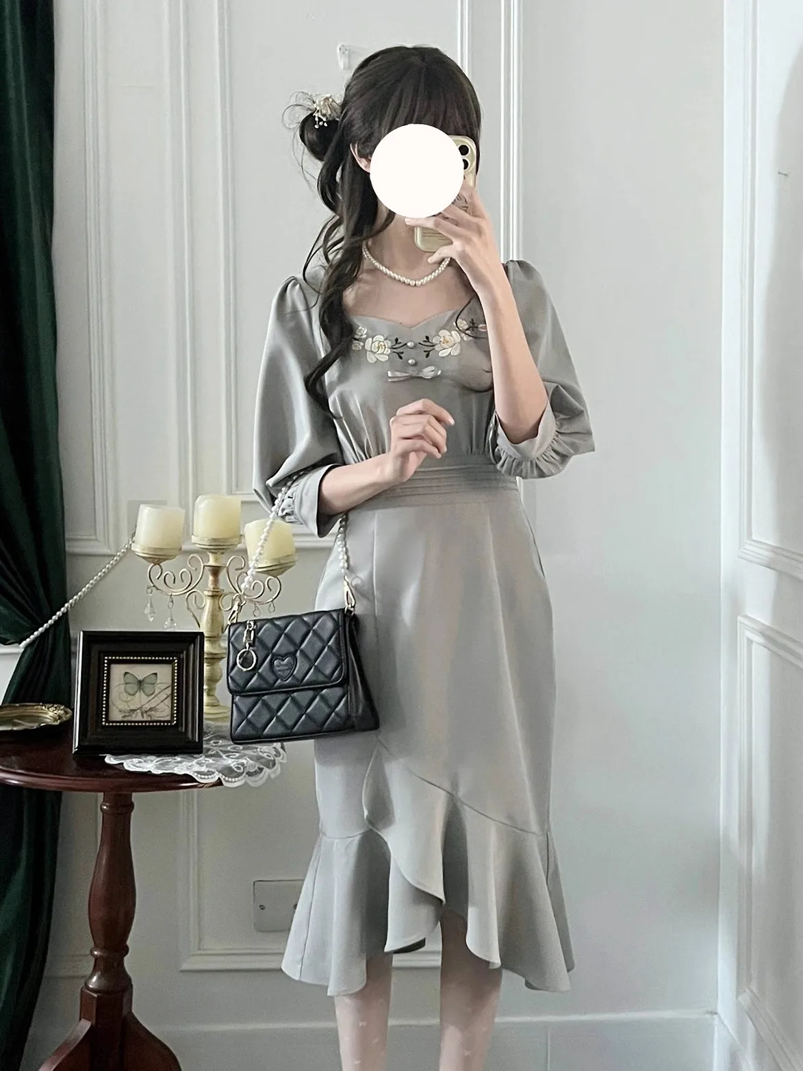 الفرنسية أنيقة خمر لوليتا فستان ساحة الرقبة المطرزة طويلة الأكمام عالية الخصر سليم صالح Bodycon ذيل السمكة فستان المرأة الخريف #2