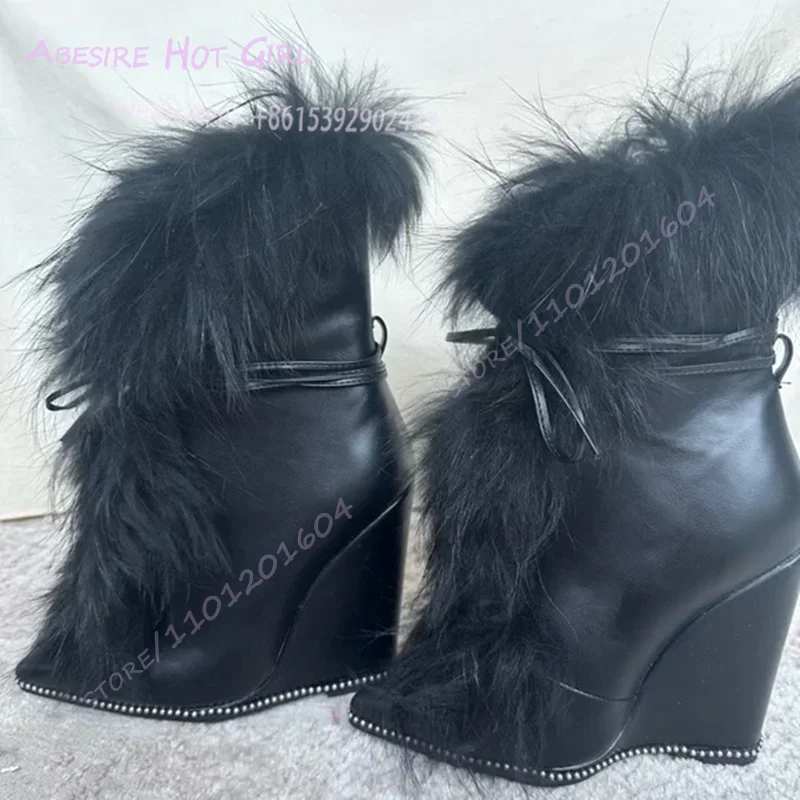 1 Plush Fuzzy Black Wedge Heel Calf Boots Women Pointed Toe Lace-Up Winter Warm Fashion Shoe High Heels Feather Tassel Design