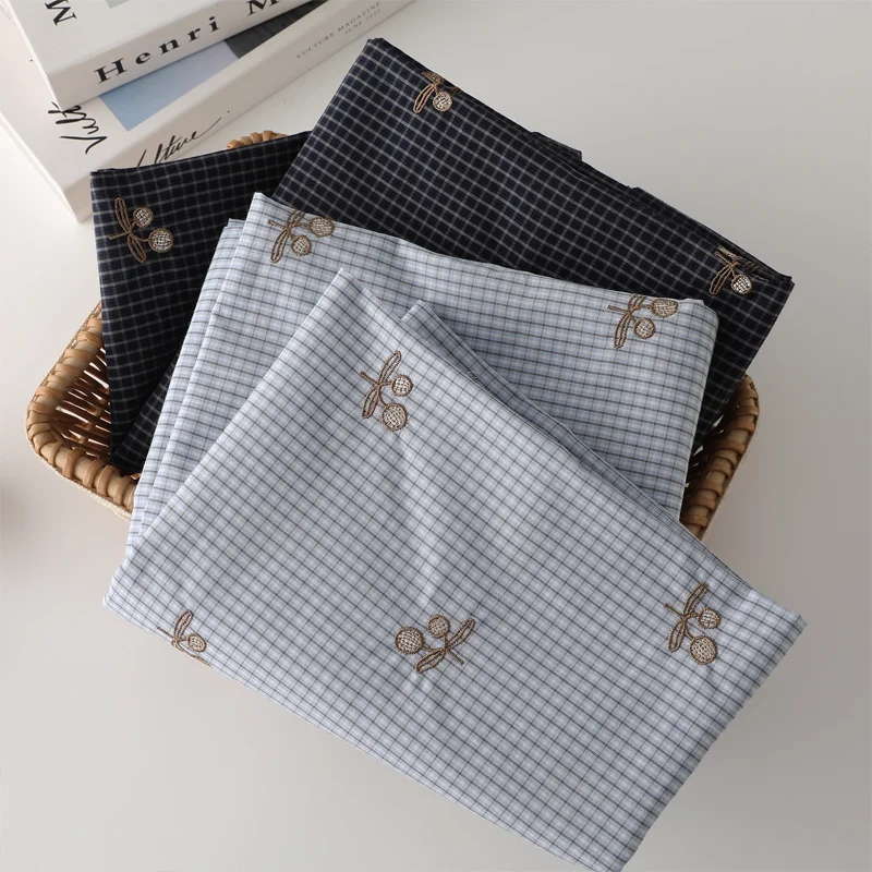 

Cotton Fabric Embroidered Grid Blue Cherry Shirts Pajamas Bed Sheets Handmade Bags Fabrics