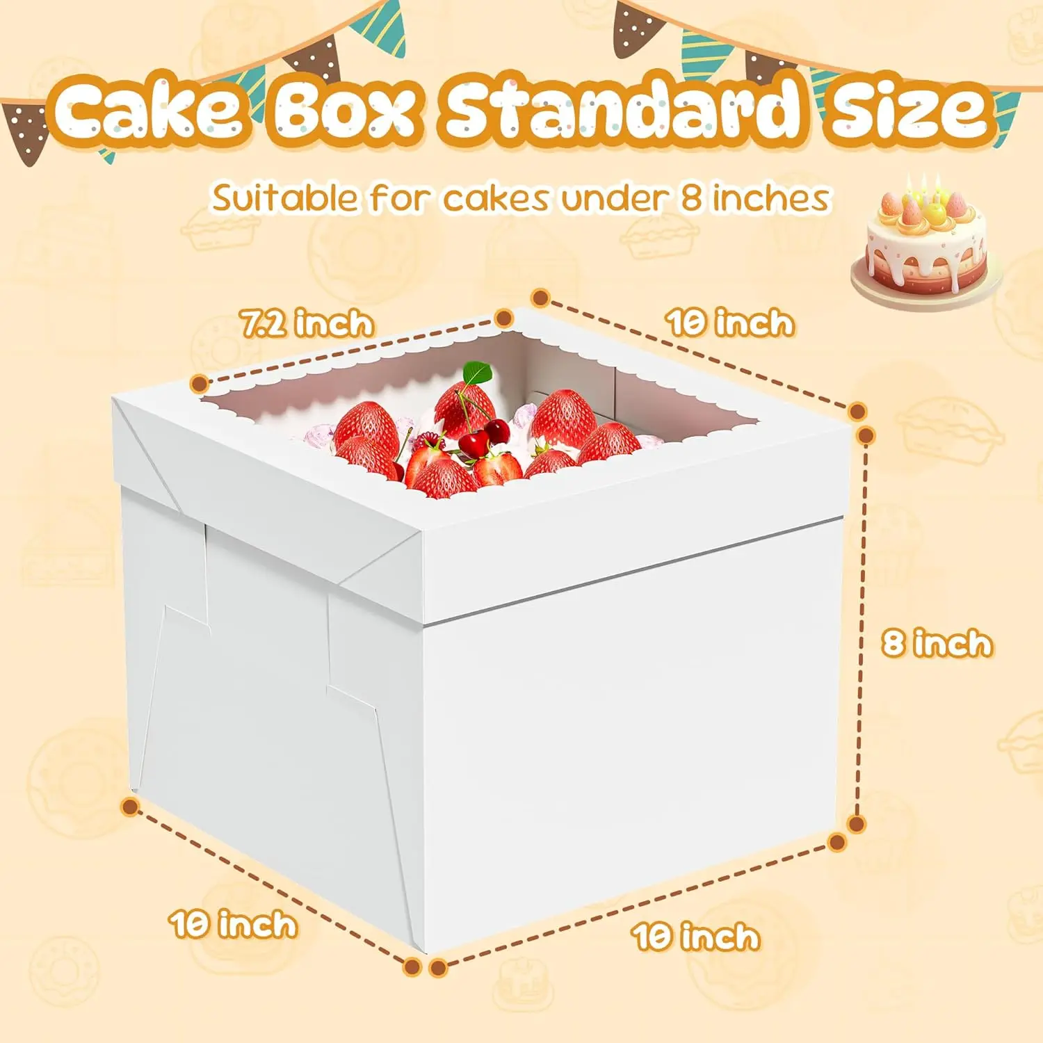 3 Pack Cake Boxes, 10x10x8 Inches Tall Cakes Box with Window, White Cake Boxes with Cakes Boards, Square Bakery Box, for Cake, T view 3