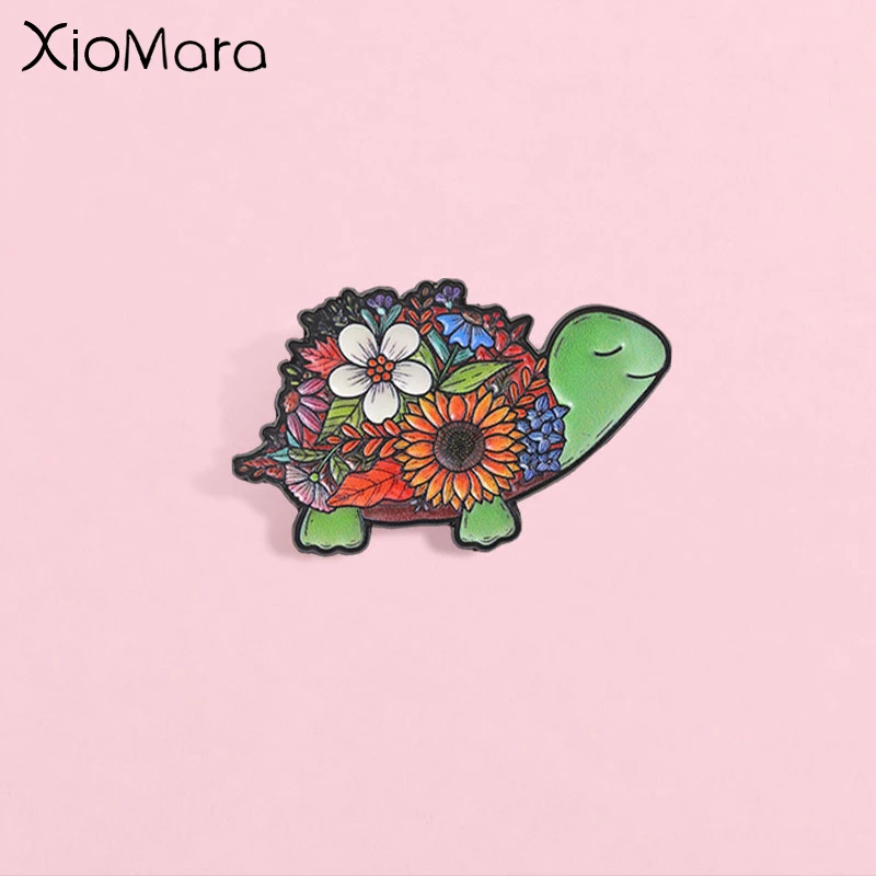 Cute Cartoon Floral Turtle Enamel Pin, Funny Nature Animal Badge, Fashion Accessory, Gift for Plant and Animal Lovers