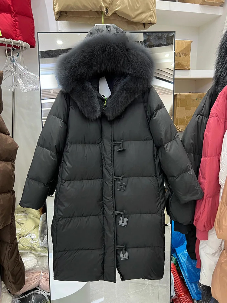 2025 inverno nova jaqueta feminina engrossado sobre o joelho moda versátil quente único breasted pato branco para baixo casaco