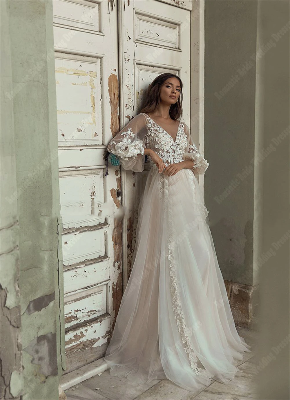 Vestidos de novia con escote en V profundo para mujer, vestidos de novia bohemios de manga larga esponjosos, Sexy, nuevo