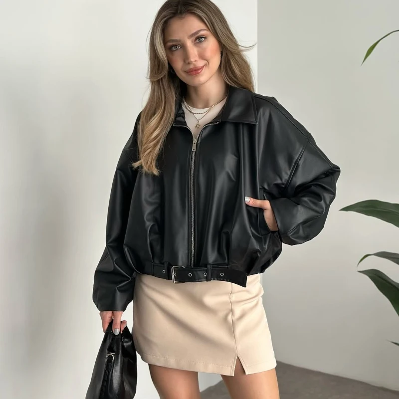 Fashion Leather Jacket Women's Vintage Faux Leather Bomber Jacket Solid Zipper Lapel Long Sleeves Autumn High Street Coat 1