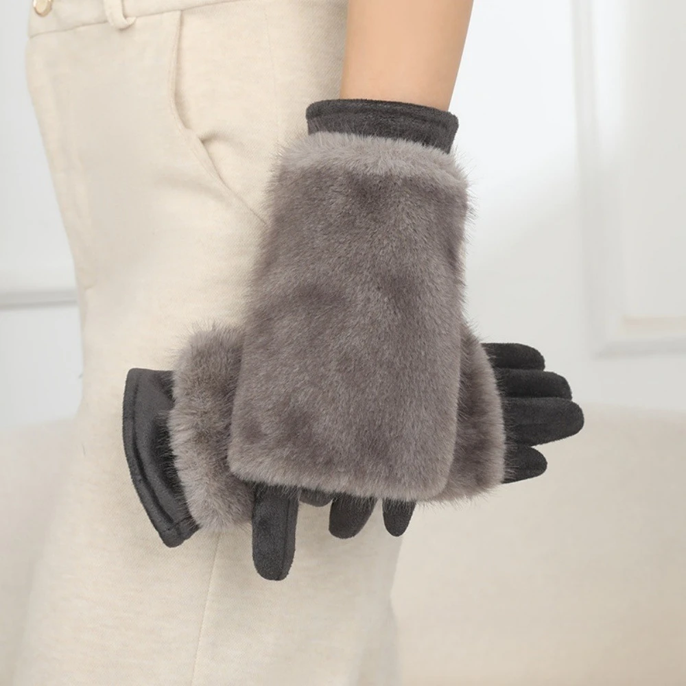 Plus Velvet Thickened Windproof and Warm Riding Cold-proof Touch Screen Suede Gloves Women Autumn and Winter Rabbit Fur Gloves