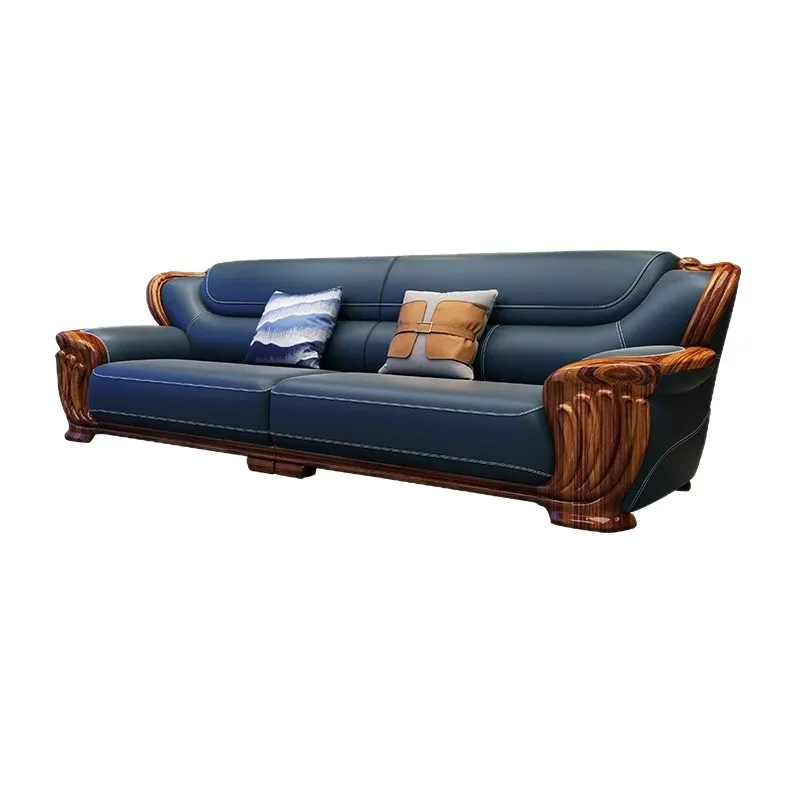 

Ebony sofa modern villa size apartment solid wood sofa top layer cowhide leather living room furniture