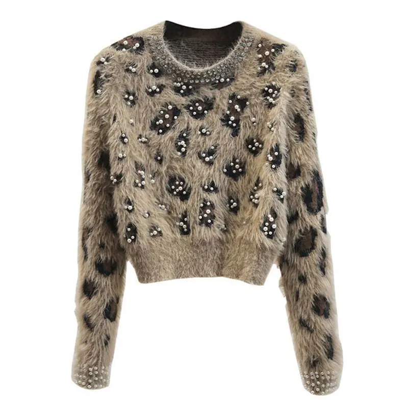 Khaki Leopard Pearls Vintage Mink Knit O-Neck Long Sleeve Pullover Women\'s Sweater Female Sweaters Woman Clothing Fashion 2024