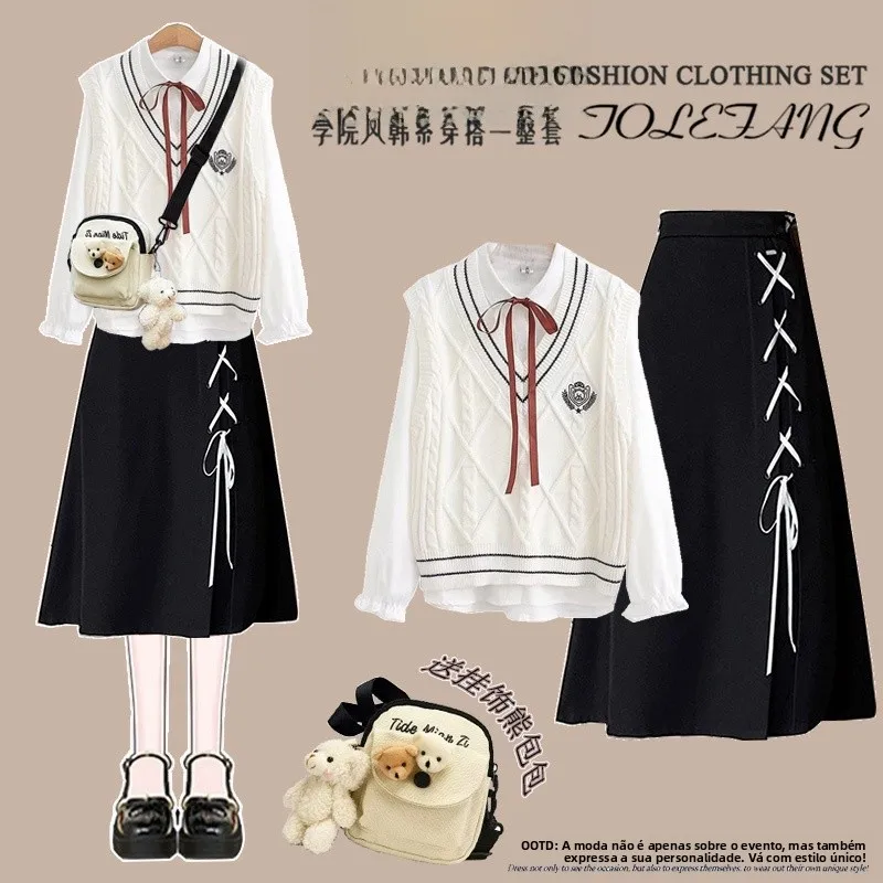 Conjunto de Vestido Tricotado Fashionável para Primavera, Novo Estilo para Meninas do Ensino Fundamental e Médio, Vestido JK,...