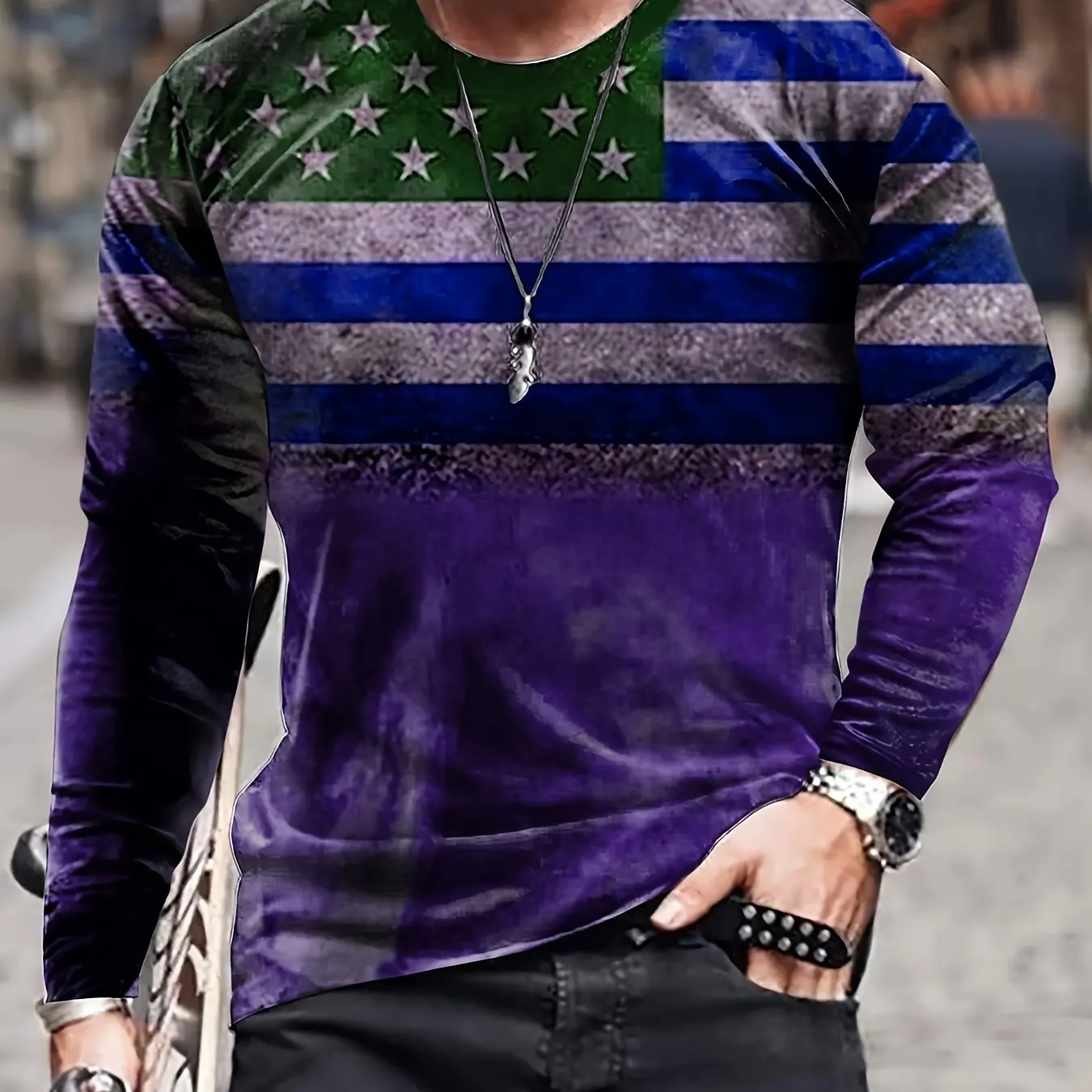 Retro Men\'s T-Shirt Autumn/Winter Long Sleeved T-Shirt American Flag Pattern Printed Short Sleeved Tops Casual Men\'s Clothing