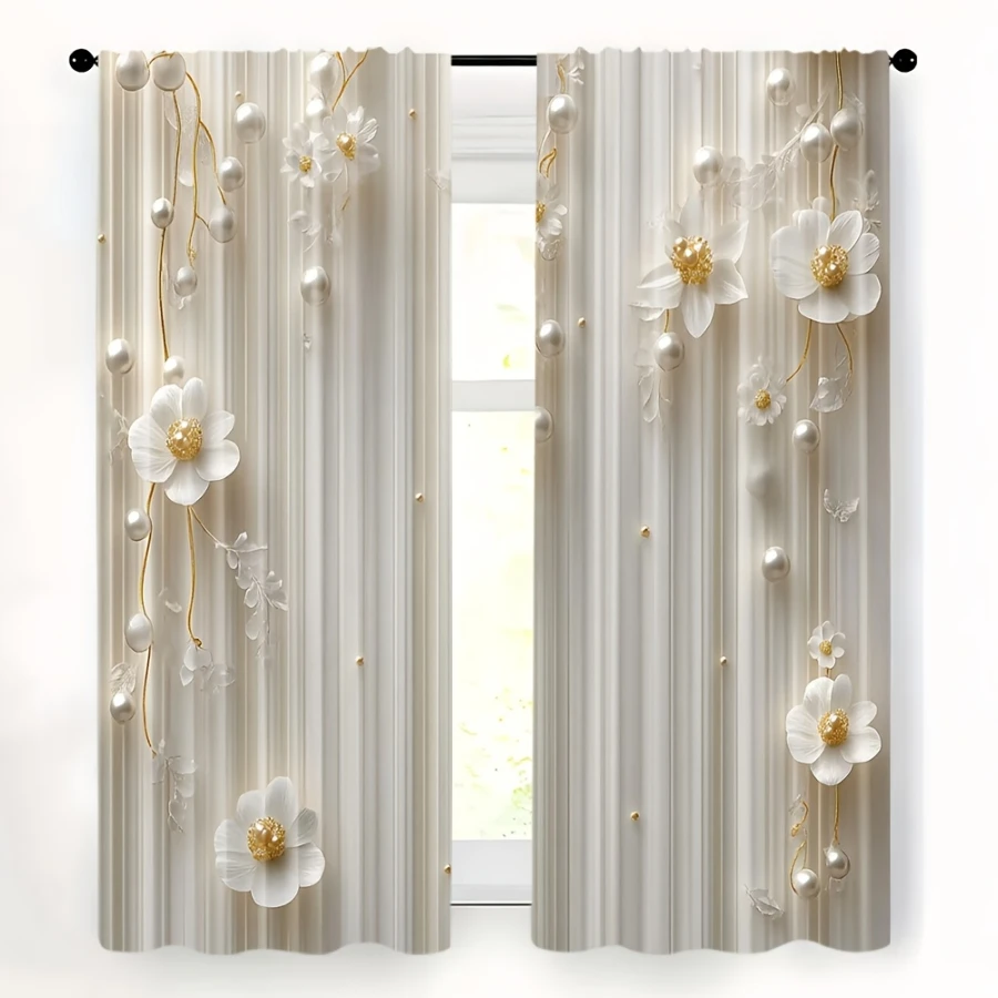 2PCS Digital Print Curtains, Pearl White Flowers Pattern, Elegant Delicate Floral Decor Soft Pure Blossom Sophisticated Drapes