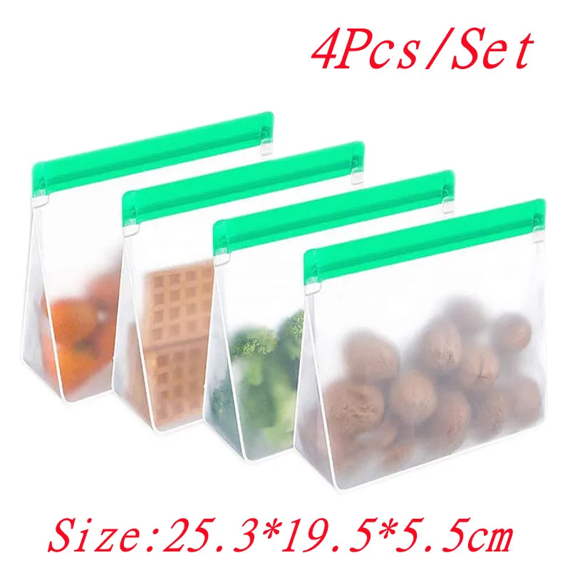 4Pcs/Set Stand Up Food Storage Bag Reusable Freezer Sealed Bag Ziplock Silicone PEVA Bag Kitchen Organizer Storage Fresh Bags