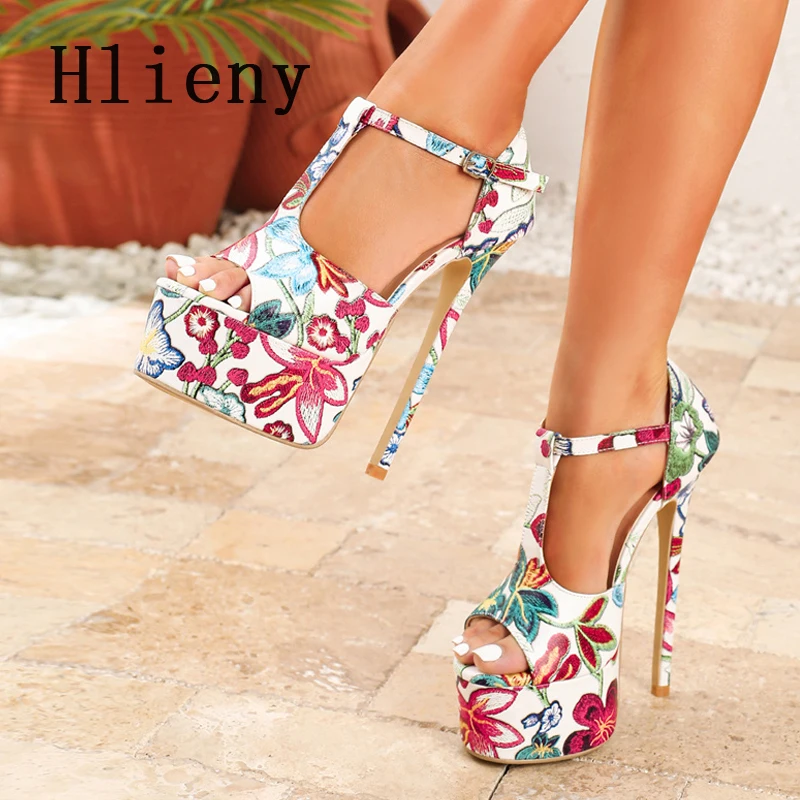 

Hlieny модные женские сандалии на платформе с открытым носком и цветочным принтом, пикантные женские туфли на очень высоком каблуке с пряжкой и ремешком для ночного клуба, вечерние туфли