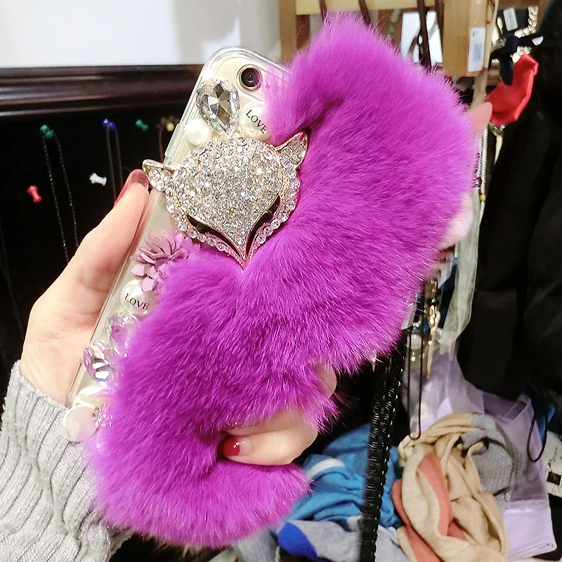 Handmade DIY Rabbit Fur Phone Case for Samsung Galaxy A73 A72 A71 5G Silicone Shell Bling Glitter Fox Floral Cover with Lanyard