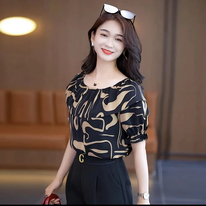 Fashion Slash Neck Printed Ruffles Chiffon Blouses Women Clothing 2024 Summer New Loose All-match Tops Butterfly Sleeve Shirts