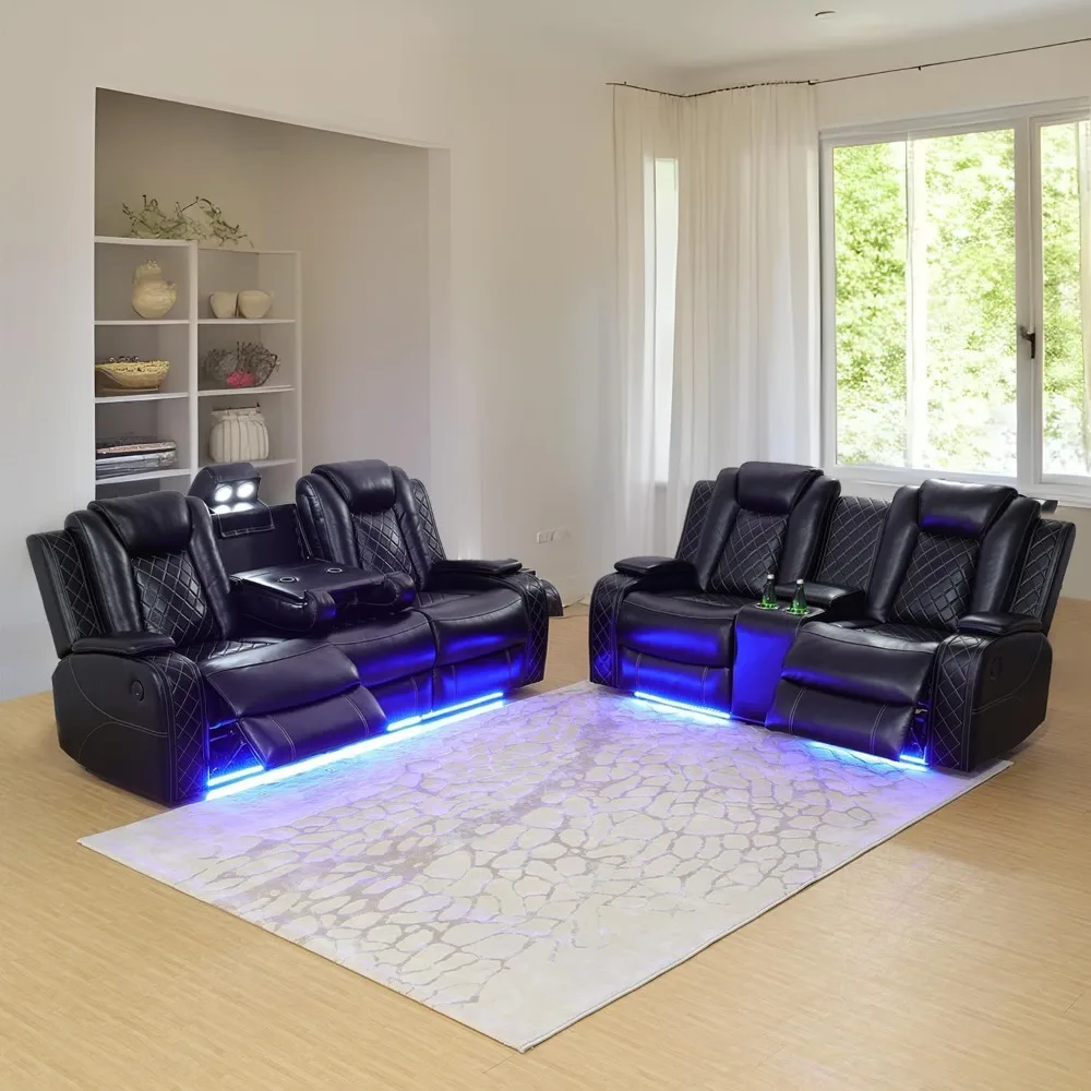 Multifunction Power Air Leather Recliner Sofa Set, Reclining Sofa With LED Lights, Loveseat, Chair With USB Port/Storage