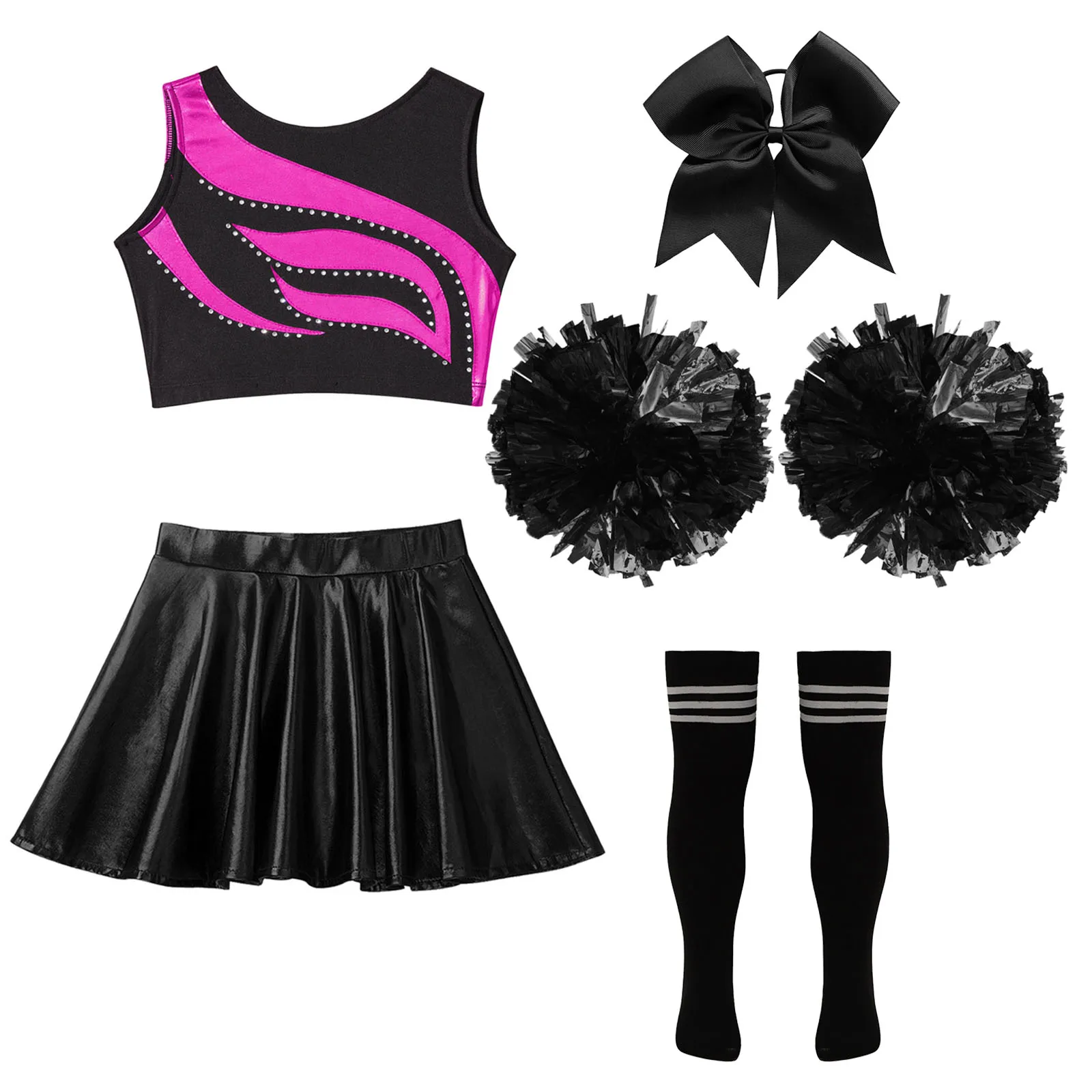 Costume da cheerleader per bambina, completo di abbigliamento da ballo moderno, top corto senza maniche con gonna svasata, copricapo, calzini con fiori a mano