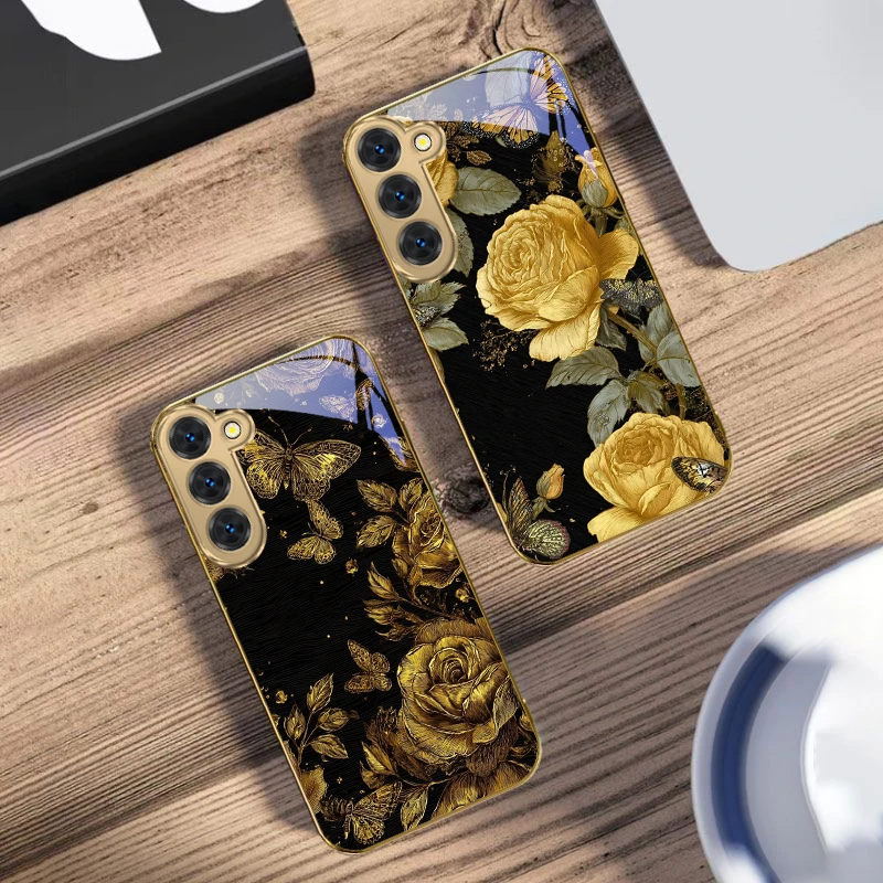 

Rose petal butterfly For Samsung Galaxy S26 S20 FE S21 S22 S23 Plus S24 Ultra 25Ultra S21+ S9 S22 S8 Golden glass phone case