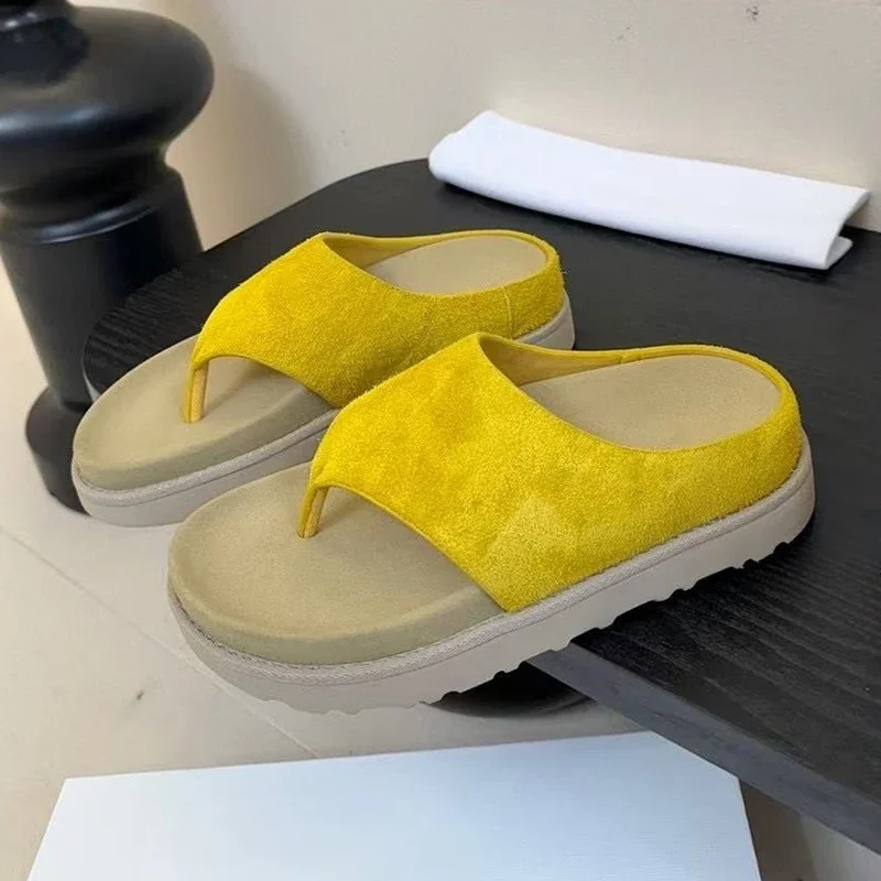 

New 2025 Women's Thick Bottom Heighten Flip Flops Cow Sued Pinch Toe Versatile Slippers Summer Outdoor Vacation Slippers