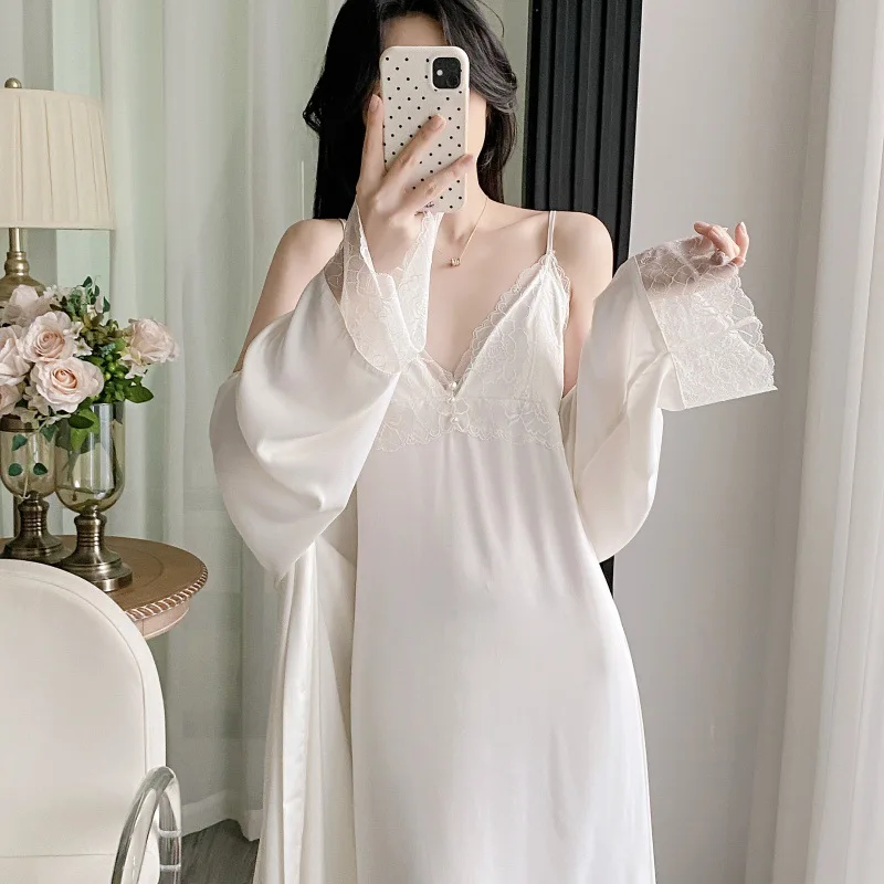 

Long Nightdress Set Sexy Palace Style Sleepwear Soft Rayon Home Dressing Gown Women Casual Nightwear Lace Full Slip Loungewear