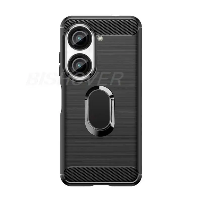 Brushed Carbon Fiber Silicone Shockproof Case For ASUS Zenfone 9 5.9”Zenfone9 AI2202-1A006EU Magnetic Ring Phone Cover