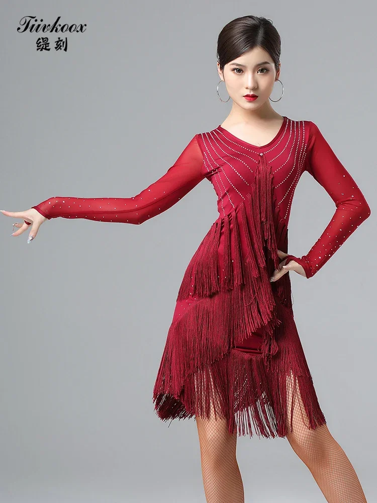 X2152 Lady Latin Dance Skirt Women's Tassel Dress Team Table Performance Clothing Tassel Costumes