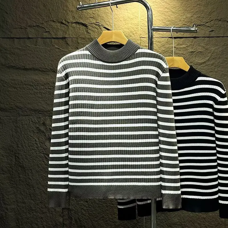 

Мужской вязаный свитер с высоким воротником, теплый, в полоску, базовый слой, повседневный, модный, брендовый, осенне-зимний трикотаж