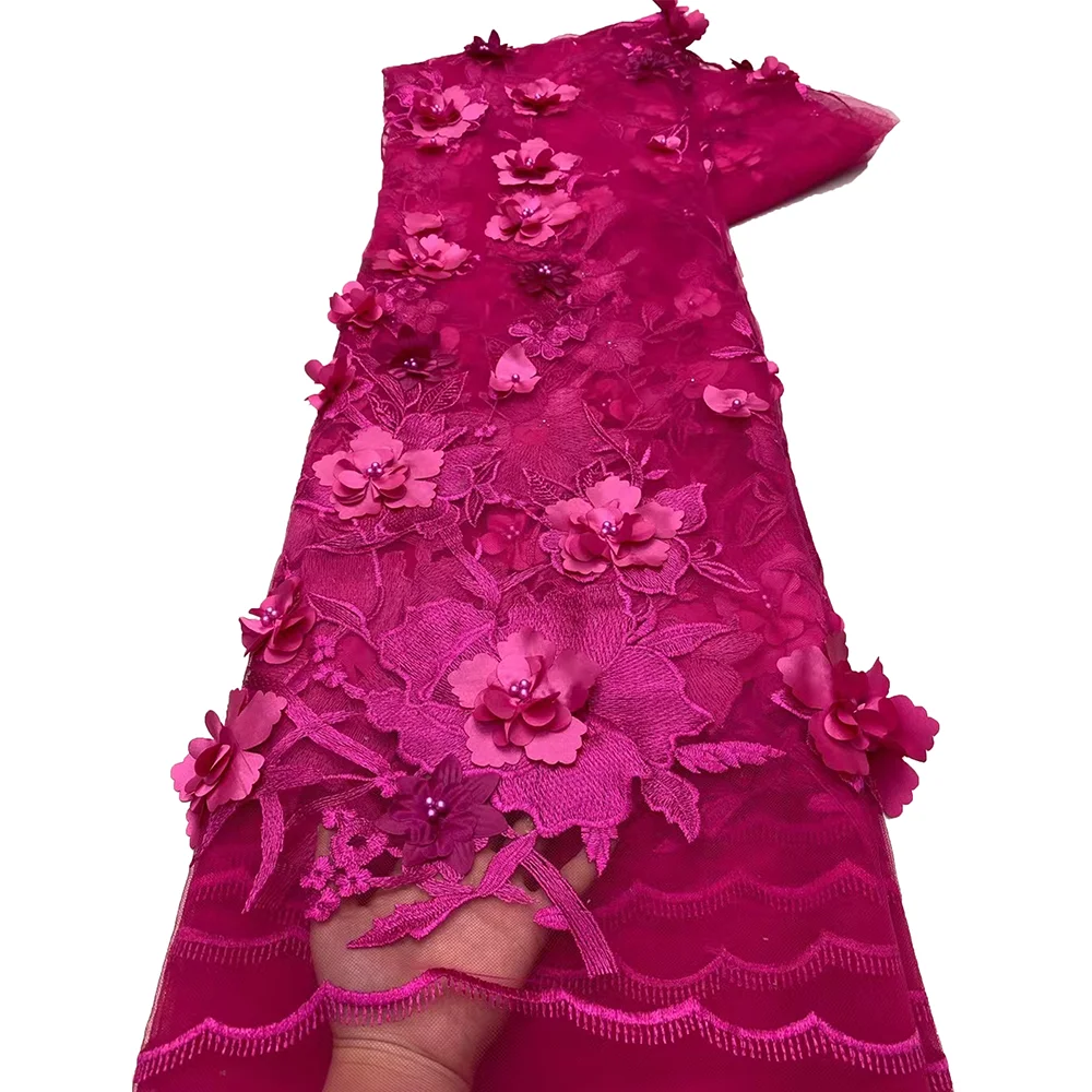 Latest Elegant 3D Flowers Lace Fabric High Quality Tulle Lace Sew For Wedding Evening Dress Fashion African Mesh Lace Material