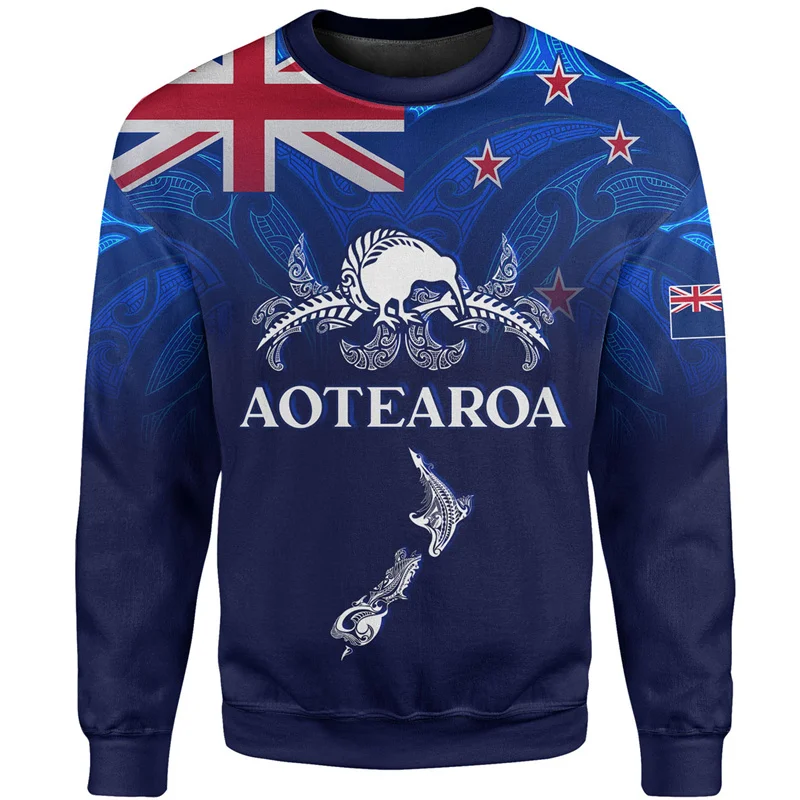 Vintage 3D New Zealand Maori AOTEAROA Print Sweatshirts NZ Anzac Day Graphic Round Neck Hoodies Fashion Streetwear Mens Clothing