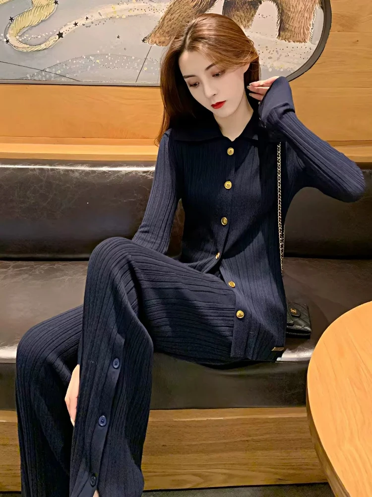 Dress Knitted Set New Autumn Women Elegant Lapel Cardigan Wear Complete Top Straight Pants Style Slim Fit Skirt Modern