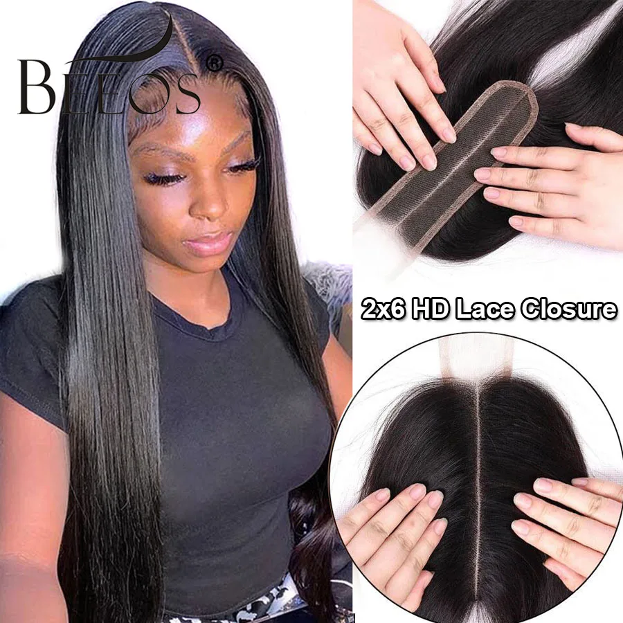 BEEOS Real 2x6 HD Lace Closure Only Straight 6in Deep Parting Pre plucked Human Hair For Women Brazilian Virgin Hair Natural