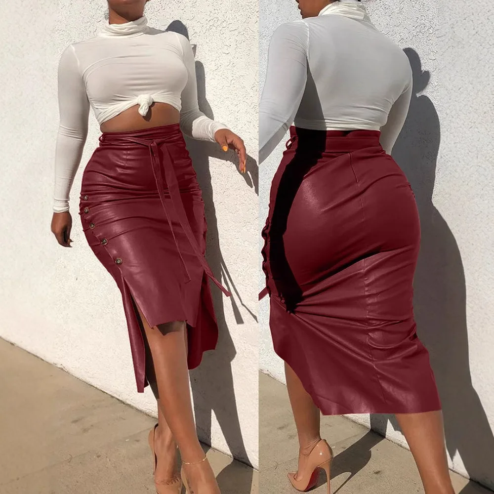 Ropa Mujer Women's Faux Leather Midi Skirt High Waist Drawstring Split Hem Bodycon Skirt Black Brown Red