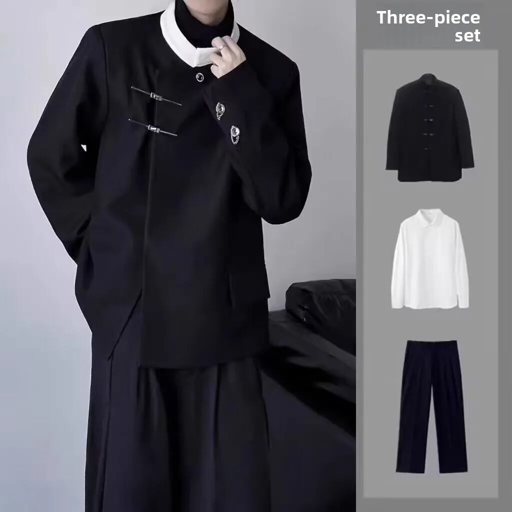 

New Chinese Sle Casual Men's Suit Jaet oulder Pads Metal Button Design High-End Feeling Leisurely Matched Set