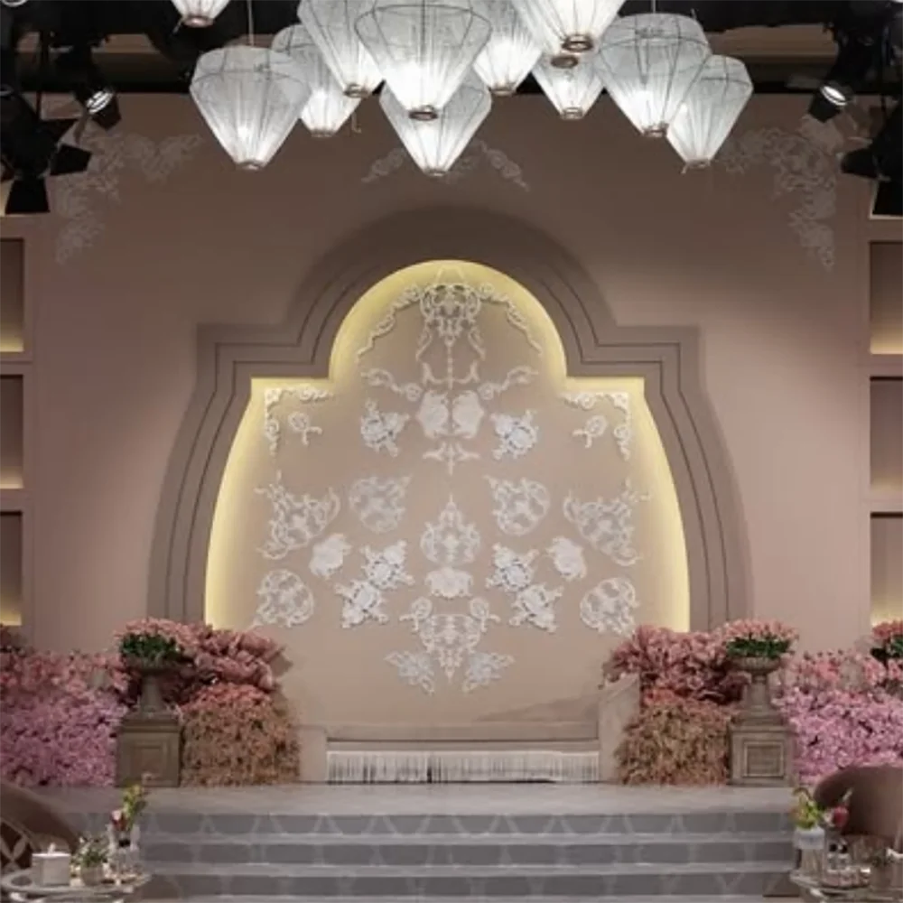

FSDKX High Quality White 3D Carving Arch Shaped Wedding Decoration Pvc Stage Wall Backdrop Stand for Wedding Events